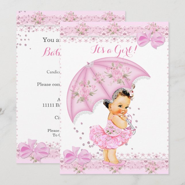 Convite Chuva de Bebê Menina Floral Guarda-Chuva Rosa (Frente/Verso)