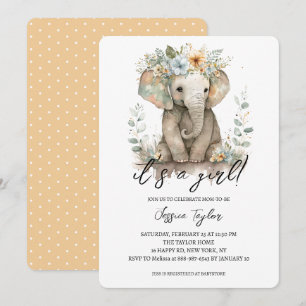 Convite Chuva de Bebê Menina Floral Pêssego Elefante Aquar