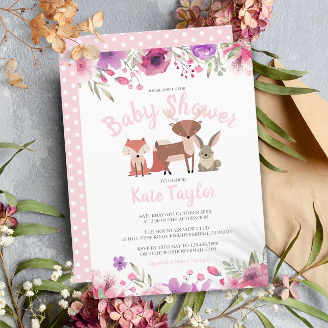 Convite Chuva de Bebê Menina Floral Rosa Animais da Flores (Woodland Animals Pink Floral Baby Girl Shower Invitation)