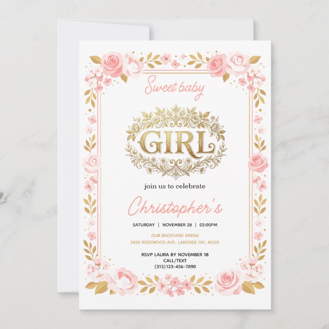 Convite Chuva de Bebê Menina Floral Rosa e Dourado (Frente)