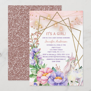 Convite Chuva de Bebê Menina Floral Rosa e Roxo Unicórnio