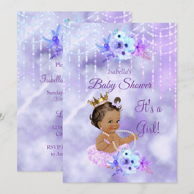 Convite Chuva de Bebê Menina Floral Roxo Azul-esverdeado M (Frente/Verso)