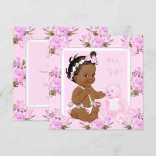 Convite Chuva de Bebê Menina Floral Vintage Urso Rosa Étni