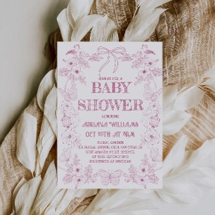 Convite Chuva de Bebê Menina Flores Toile Rosa Branco