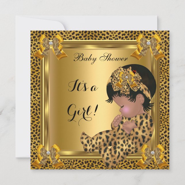 Convite Chuva de Bebê Menina Fofa Leopardo Dourado (Frente)