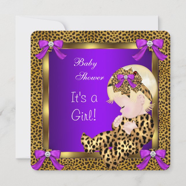 Convite Chuva de Bebê Menina Fofa Leopardo Roxo Dourado 3 (Frente)