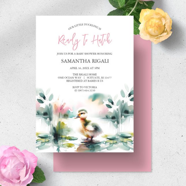 Convite Chuva de Bebê Menina Fofa Pato Aquarela (Duck baby shower invitations for girl feature pastel watercolor art exclusive to Do Tell A Belle)