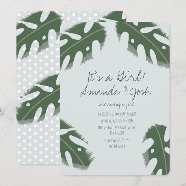Convite Chuva de Bebê Menina Folhagem Tropical Monstera (Frente/Verso)