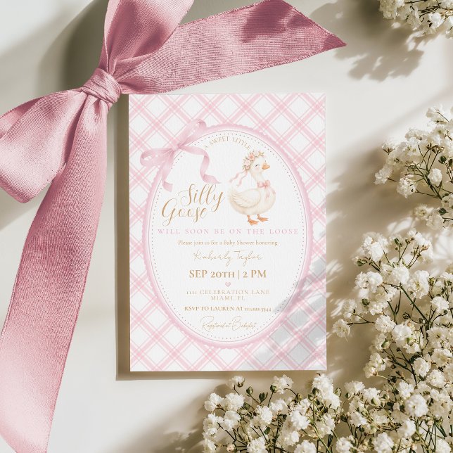 Convite Chuva de Bebê Menina Gansa Boba Laço Rosa (Criador carregado)
