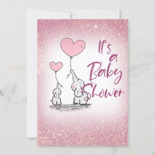 Convite Chuva de Bebê Menina Gradiente Rosa Brilho Elefant
