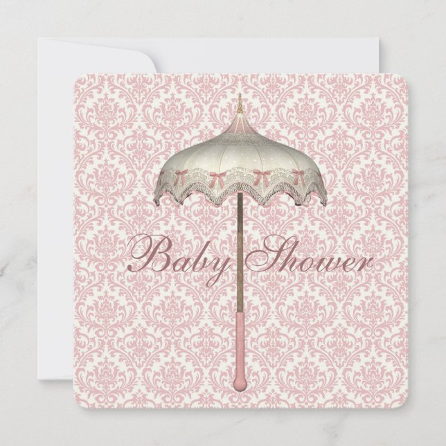 Convite Chuva de Bebê Menina Guarda-Chuva Rosa Antigo (Frente)