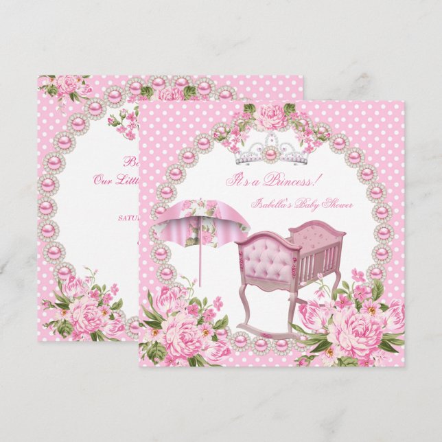 Convite Chuva de Bebê Menina Guarda-Chuva Rosa Antigo Berç (Frente/Verso)