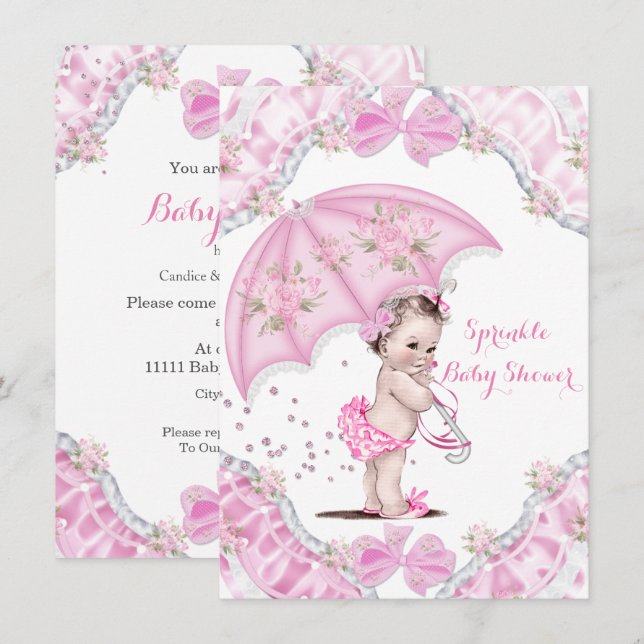 Convite Chuva de Bebê Menina Guarda-Chuva Rosa Flores (Frente/Verso)