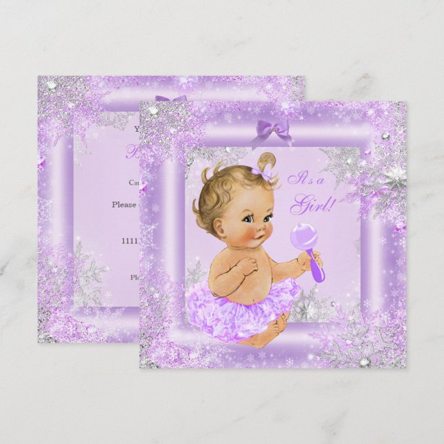 Convite Chuva de Bebê Menina Inverno Lavanda Floco de Neve (Frente/Verso)