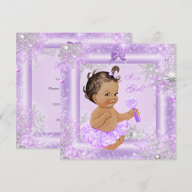Convite Chuva de Bebê Menina Inverno Lavanda Floco de Neve (Frente/Verso)