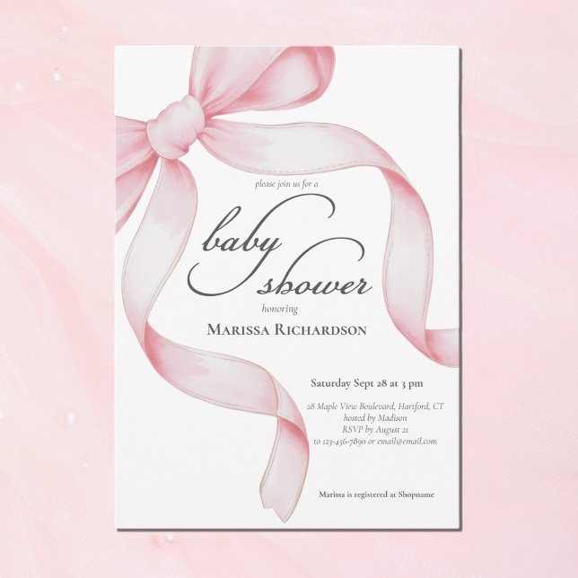 Convite Chuva de Bebê Menina Laço Pink Elegante (chic pink coquette bow baby girl shower invitation with script calligraphy, elegant parisian style)