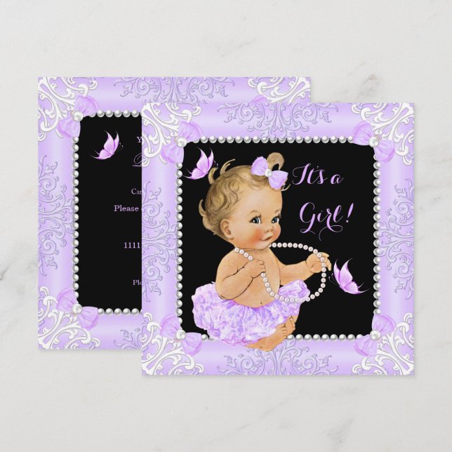 Convite Chuva de Bebê Menina Lavanda Borboleta Tutu Loira (Frente/Verso)