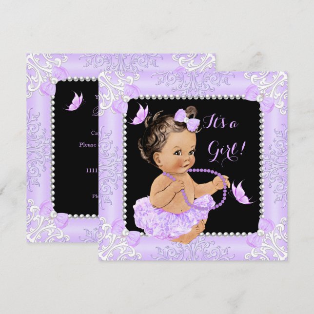 Convite Chuva de Bebê Menina Lavanda Borboleta Tutu Morena (Frente/Verso)