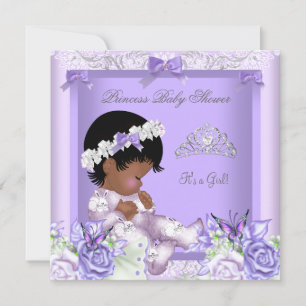 Convite Chuva de Bebê Menina Lavanda Cinza Afro-Americana 