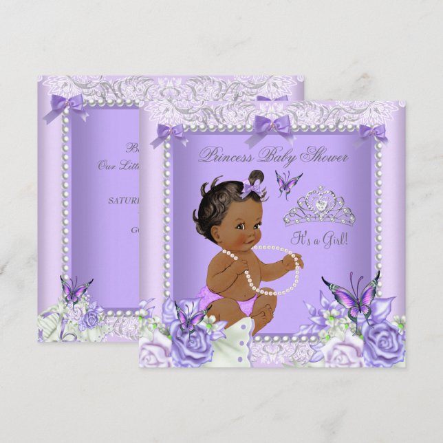 Convite Chuva de Bebê Menina Lavanda Cinza Afro-Americana (Frente/Verso)