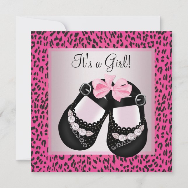 Convite Chuva de Bebê Menina Leopardo Rosa Quente (Frente)