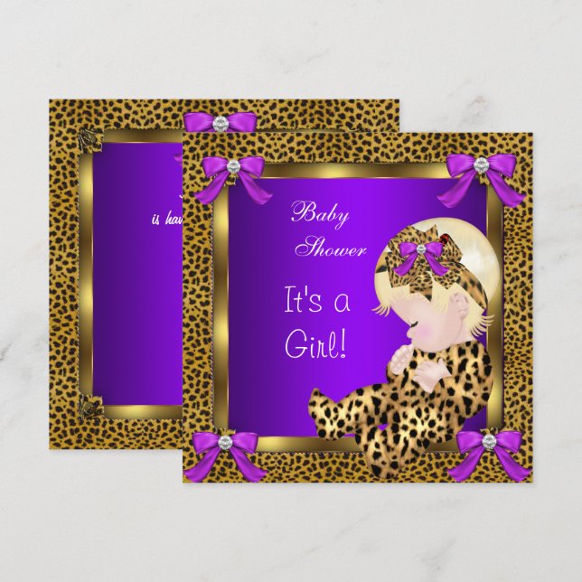Convite Chuva de Bebê Menina Leopardo Roxo Dourado 3 (Frente/Verso)