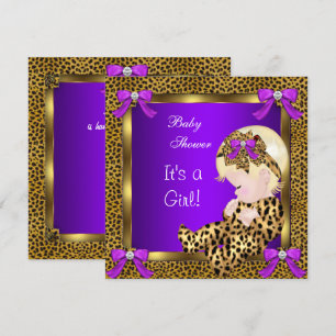 Convite Chuva de Bebê Menina Leopardo Roxo Dourado 3