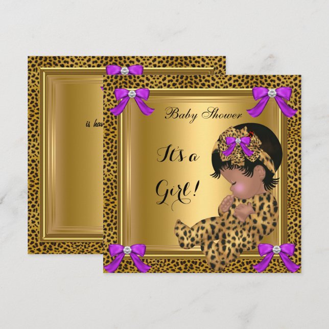 Convite Chuva de Bebê Menina Leopardo Roxo Dourado 4 (Frente/Verso)
