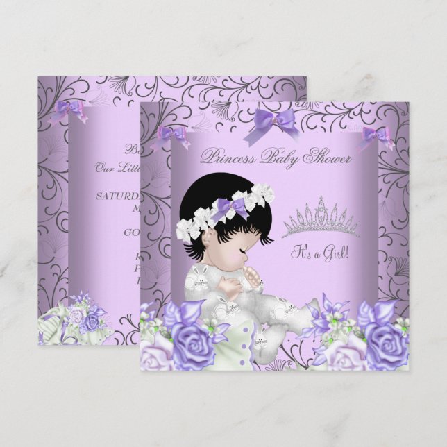 Convite Chuva de Bebê Menina Lilás Cinza Vintage (Frente/Verso)