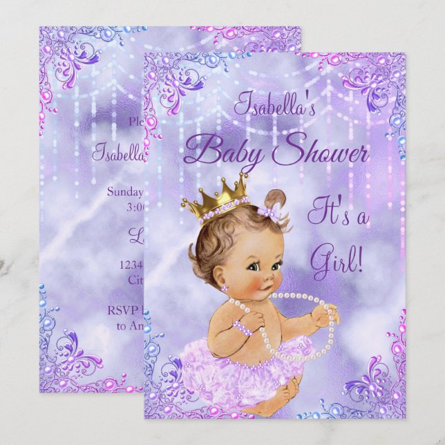 Convite Chuva de Bebê Menina Lilás Roxo Pérola Morena (Frente/Verso)