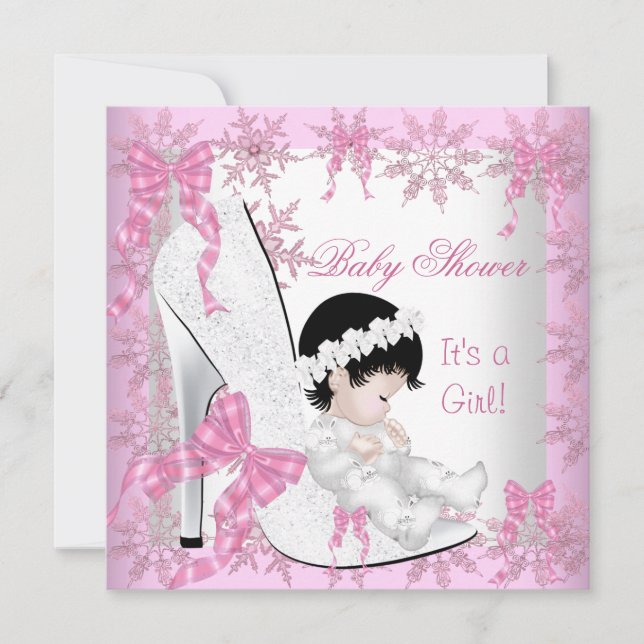 Convite Chuva de Bebê Menina Lindos Flocos de Neve Rosa Sa (Frente)