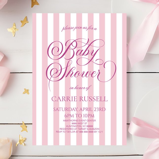 Convite Chuva de Bebê Menina Listras Rosa Clássico Elegant (Criador carregado)