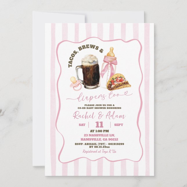 Convite Chuva de Bebê Menina Listras Rosa Tacos Cervejas F (Frente)