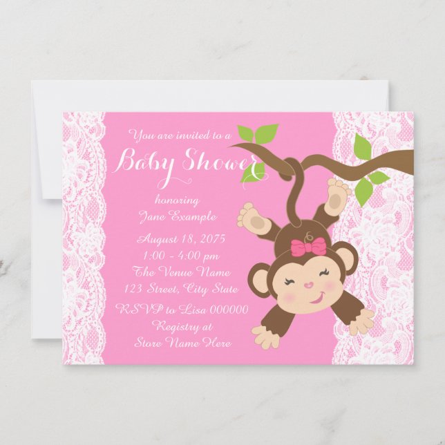 Convite Chuva de Bebê Menina Macaco com Renda Rosa (Frente)