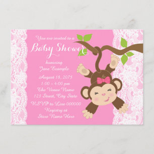 Convite Chuva de Bebê Menina Macaco com Renda Rosa