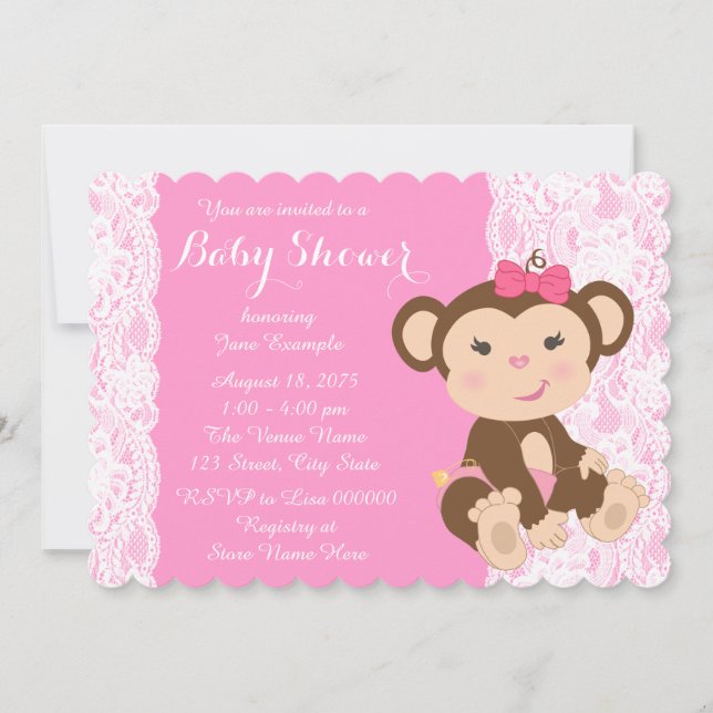 Convite Chuva de Bebê Menina Macaco com Renda Rosa (Frente)