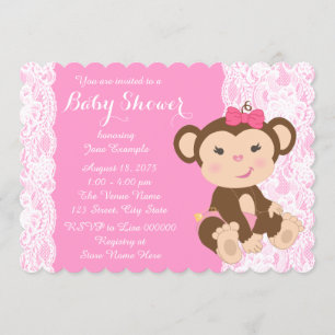 Convite Chuva de Bebê Menina Macaco com Renda Rosa