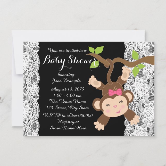 Convite Chuva de Bebê Menina Macaco de Renda Branca (Frente)