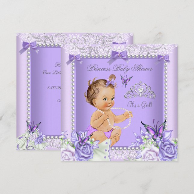 Convite Chuva de Bebê Menina Morena Cinza Lavanda (Frente/Verso)