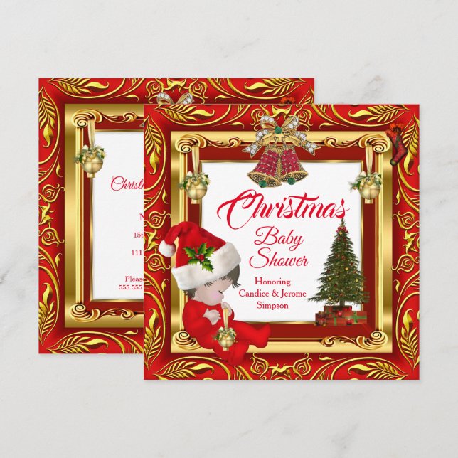 Convite Chuva de Bebê Menina ou Menino de Natal Vermelho D (Frente/Verso)