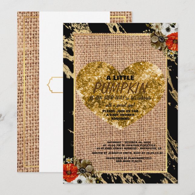 Convite Chuva de Bebê Menina Outono Abóbora Rústico Burel  (Frente/Verso)