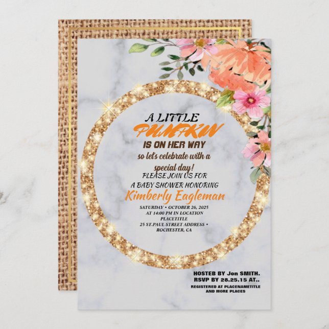 Convite Chuva de Bebê Menina Outono Abóbora Rústico Linho  (Frente/Verso)