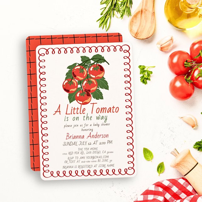 Convite Chuva de Bebê Menina Pequena Tomatinha Vermelha It (Criador carregado)