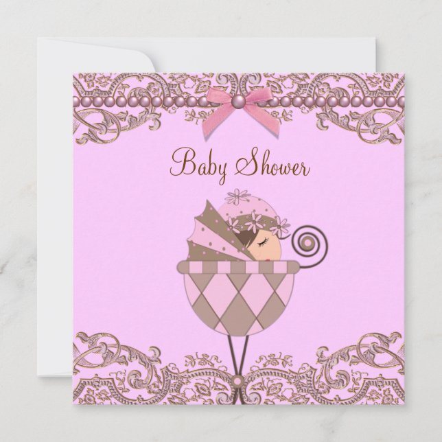 Convite Chuva de Bebê Menina Pérolas Marrons em Renda (Frente)