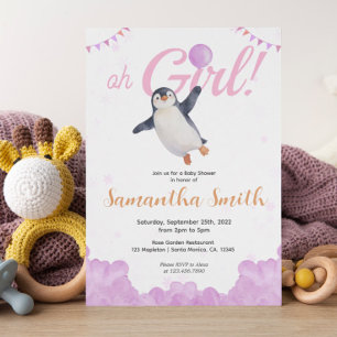 Convite Chuva de Bebê Menina Pinguim Balão Rosa Céu Nublad