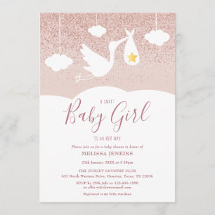 Convite Chuva de Bebê Menina Pombo Rosa Dourado Brilho