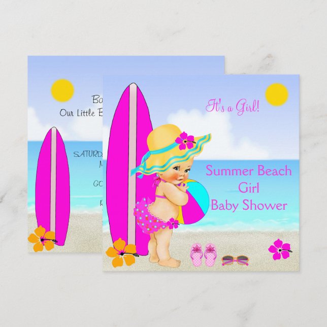 Convite Chuva de Bebê Menina Praia Rosa Azul Turquesa Chap (Frente/Verso)