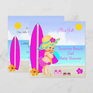 Convite Chuva de Bebê Menina Praia Rosa Azul Turquesa Chap