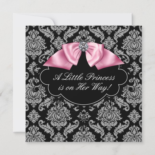 Convite Chuva de Bebê Menina Princesa Damasco Rosa e Preto (Frente)