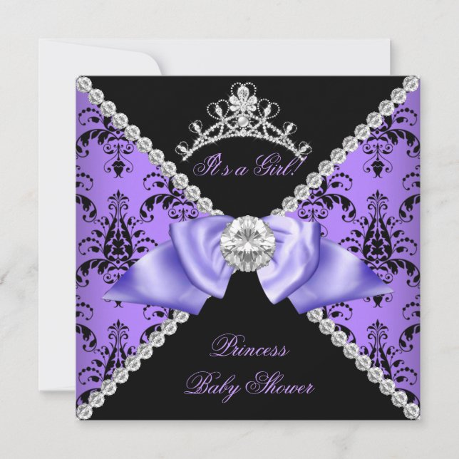 Convite Chuva de Bebê Menina Princesa Damasco Roxo Diamant (Frente)
